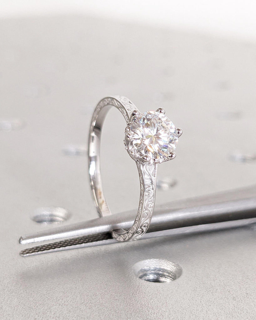 Vintage Engagement Ring Moissanite Engagement Ring Art Deco Hidden Halo Ring Prong Set Anniversary Unique Ring Carved Filigree Minimalist