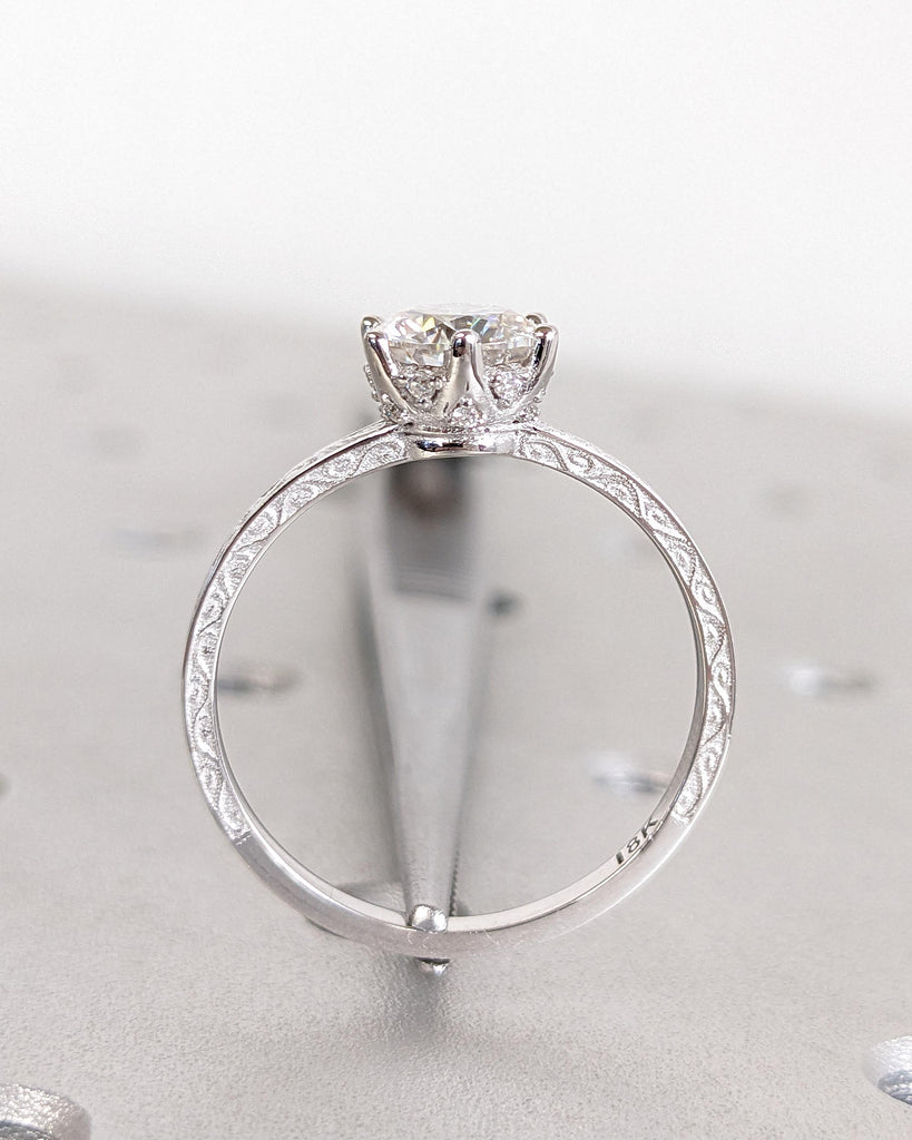 Vintage Engagement Ring Lab Grown Diamond Engagement Ring Art Deco Hidden Halo Ring Prong Set Anniversary Unique Ring Hand Carved Filigree