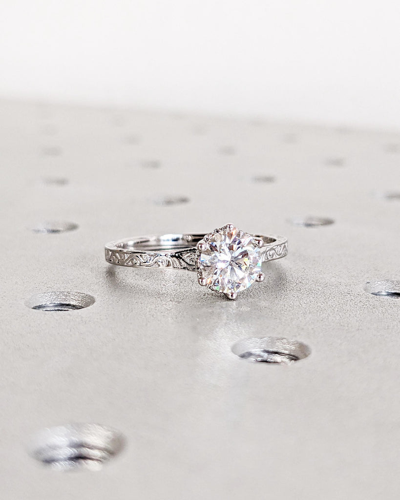 Vintage Engagement Ring Lab Grown Diamond Engagement Ring Art Deco Hidden Halo Ring Prong Set Anniversary Unique Ring Hand Carved Filigree