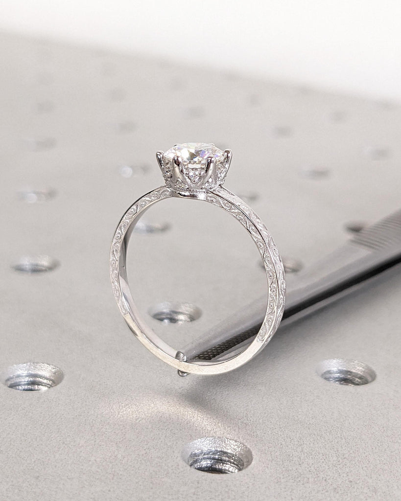 Vintage Engagement Ring Lab Grown Diamond Engagement Ring Art Deco Hidden Halo Ring Prong Set Anniversary Unique Ring Hand Carved Filigree