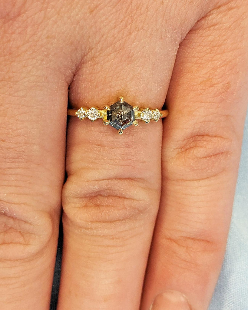 Hexagon cut Black Diamond Engagement Ring | Salt and Pepper Diamond Wedding Anniversary Ring Gift for Wife | Yellow Gold Ring | Dainty Rings