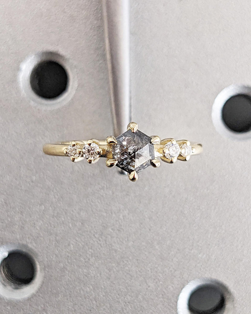 Unique Natural Grey Diamond Ring | Hexagon cut Engagement Ring | Salt and Pepper Diamond Promise Ring