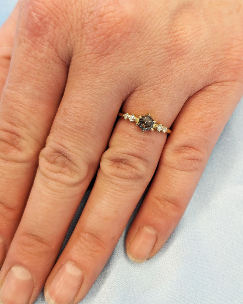 Solid Yellow Gold Rings for Women | 14k 18k Gold Diamond Engagement Ring | Hexagon cut Salt and Pepper Diamond
