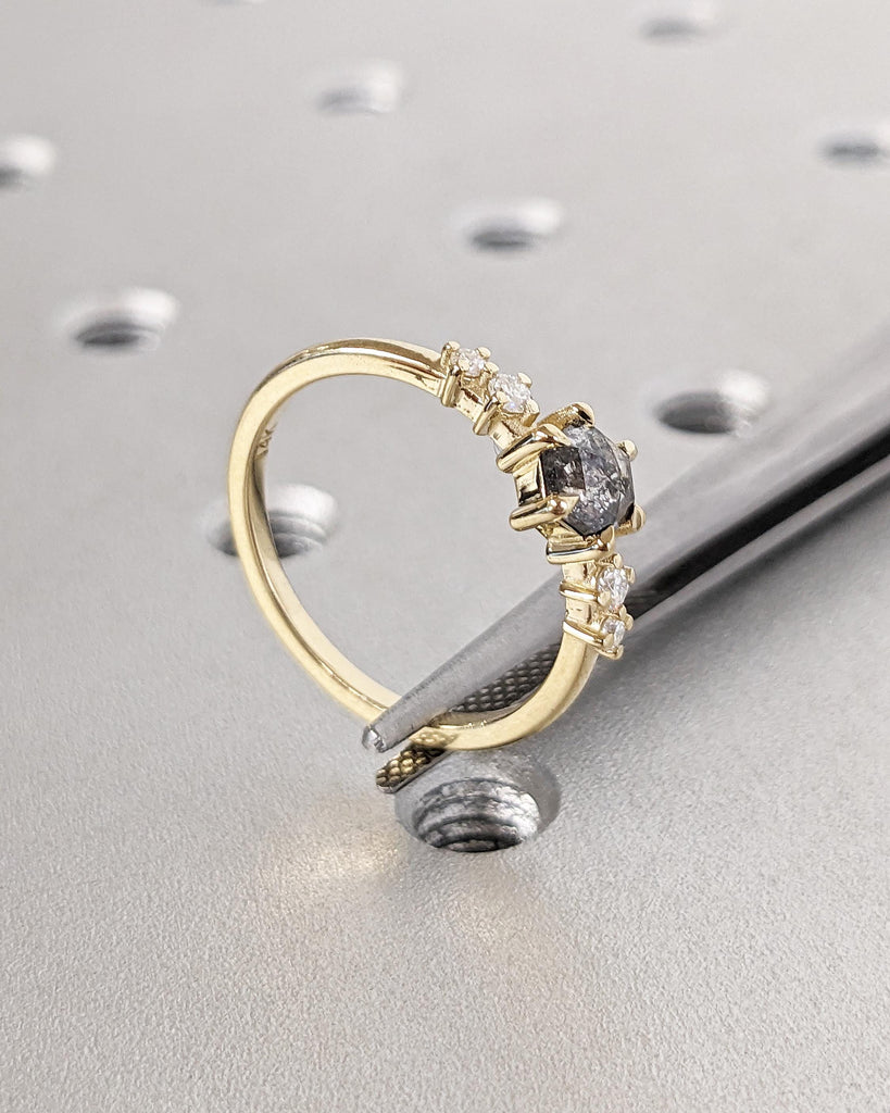 14k 18k Gold Rings for Women | Unique Natural Grey Diamond Thin Engagement Ring | Salt and Pepper Galaxy Diamond Ring | Hexagon cut Ring