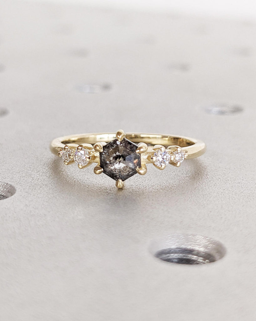 Hexagon cut Black Diamond Engagement Ring | Salt and Pepper Diamond Wedding Anniversary Ring Gift for Wife | Yellow Gold Ring | Dainty Rings