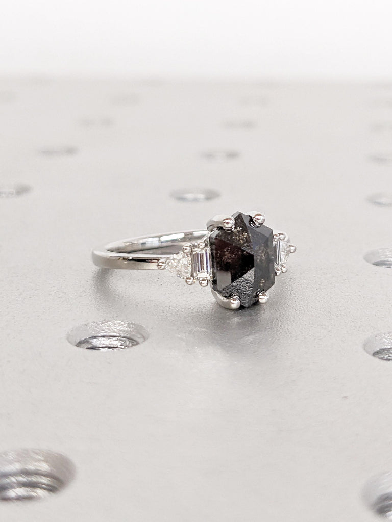 Unique Platinum Promise Ring for Her | Vintage Salt and Pepper Diamond Ring | Hexagon Baguette Trillion Cut Ring | Art Deco Anniversary Ring