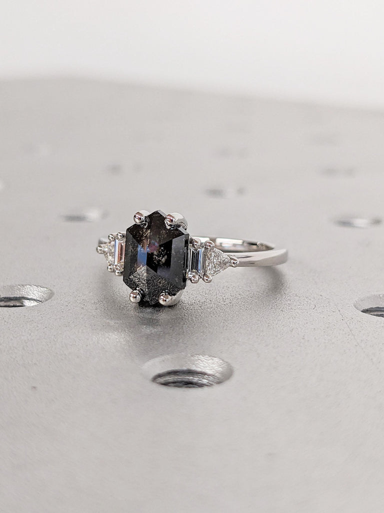 Unique Platinum Promise Ring for Her | Vintage Salt and Pepper Diamond Ring | Hexagon Baguette Trillion Cut Ring | Art Deco Anniversary Ring