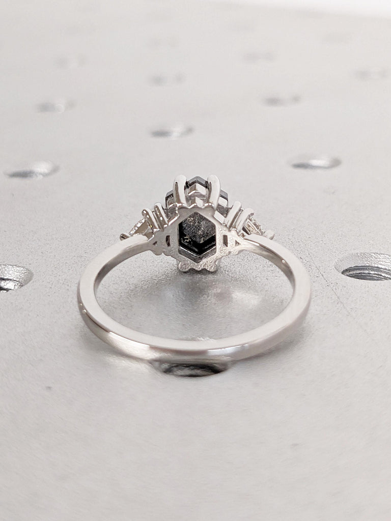Unique Platinum Promise Ring for Her | Vintage Salt and Pepper Diamond Ring | Hexagon Baguette Trillion Cut Ring | Art Deco Anniversary Ring