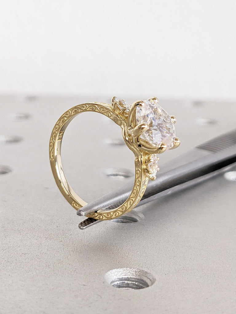 Round Moissanite Engagement Ring, Art Deco 14k Yellow Gold Wedding Ring, Marquise Cut Diamond Ring, Filigree Anniversary Ring, Gift for Wife