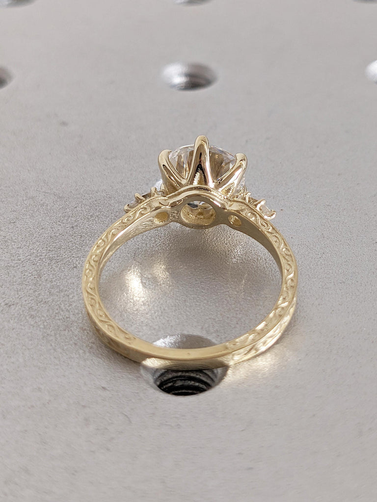 Round Moissanite Engagement Ring, Art Deco 14k Yellow Gold Wedding Ring, Marquise Cut Diamond Ring, Filigree Anniversary Ring, Gift for Wife