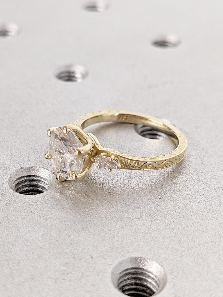 Filigree 14k Yellow Gold Promise Ring, Dainty Moissanite Statement Ring, Unique Round Marquise Cut Moissanite Ring, Wedding Anniversary Gift