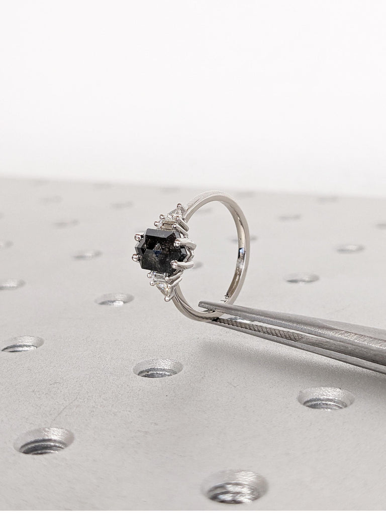 Unique Platinum Promise Ring for Her | Vintage Salt and Pepper Diamond Ring | Hexagon Baguette Trillion Cut Ring | Art Deco Anniversary Ring