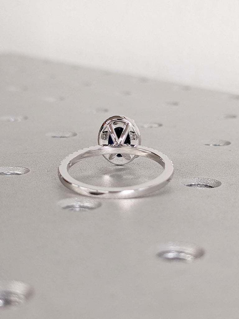Sapphire and Diamond Ring | Vintage Oval Halo Rings | Lab Created Sapphire Engagement Rings for Women | White Gold Blue Sapphire Ring