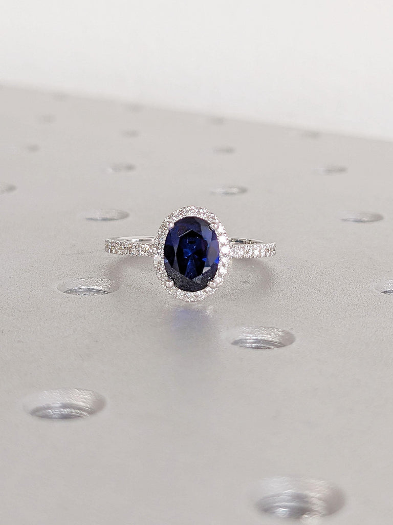 1CT Sapphire Ring | 14k Gold Moissanite Halo Engagement Ring | Diamond Cluster Half Eternity Band