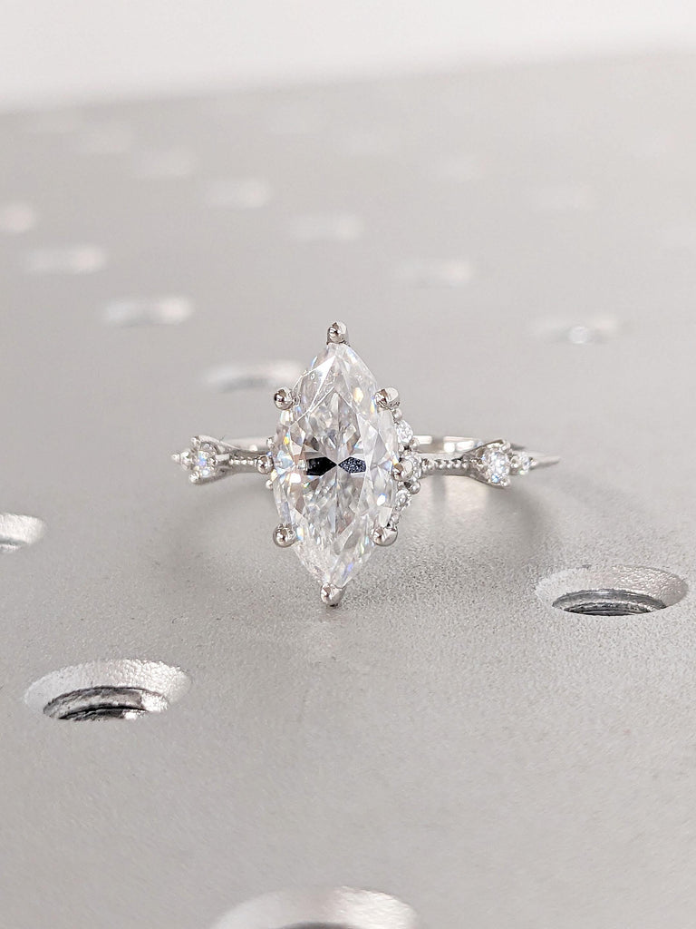 Unique Man Made Diamond Hidden Halo Ring | Certified Diamond Engagement Ring | Vintage Milgrain Wedding Band | Platinum Woman Bridal Jewelry