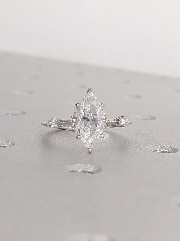 1.5ct Marquise cut Lab Grown Diamond Engagement Ring | Moissanite Cluster Vintage Promise Ring | Platinum Engagement Ring