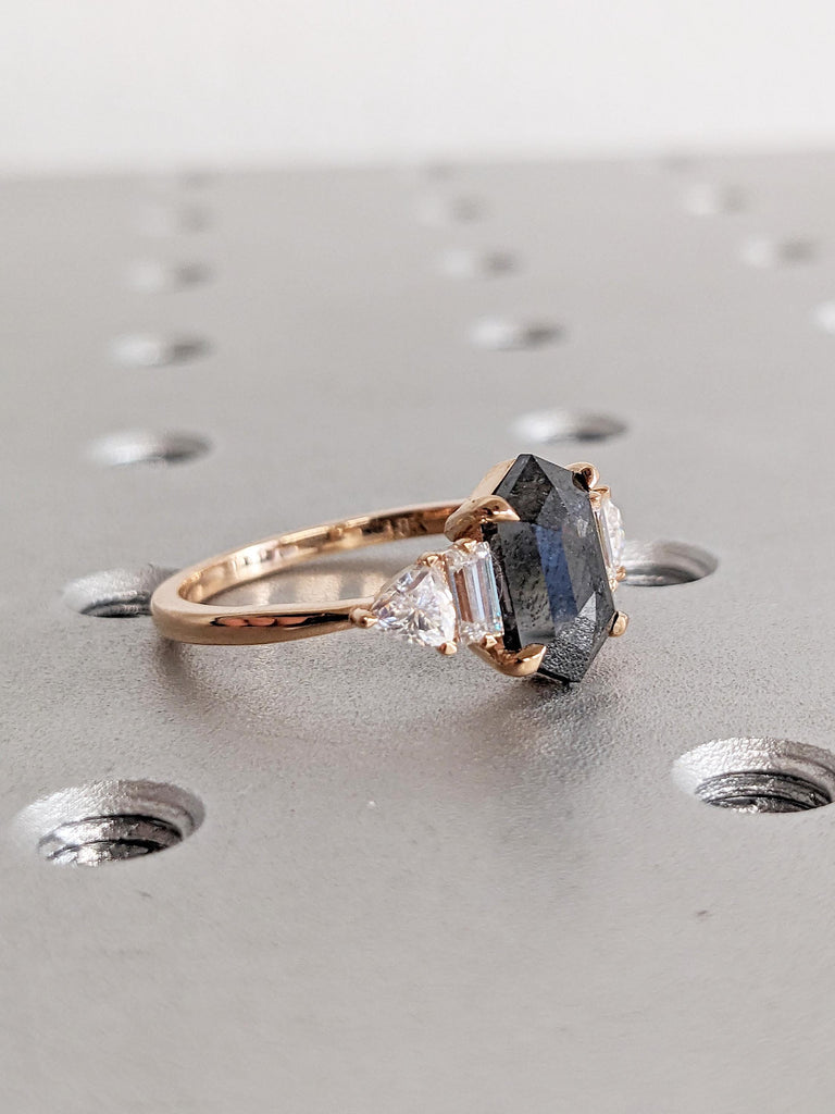 18k Rose Gold Salt and Pepper Diamond Ring, Art Deco Statement Ring, Vintage Diamond Wedding Rings for Women, Baguette, Trillion Cut Ring