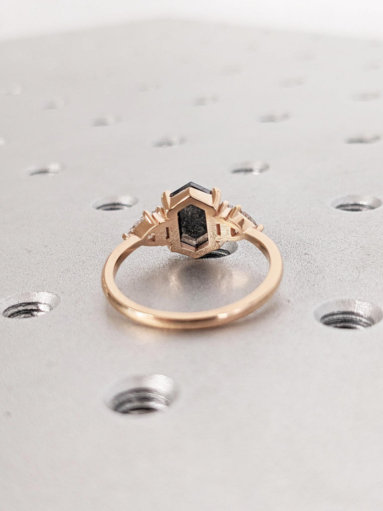 18k Rose Gold Salt and Pepper Diamond Ring, Art Deco Statement Ring, Vintage Diamond Wedding Rings for Women, Baguette, Trillion Cut Ring
