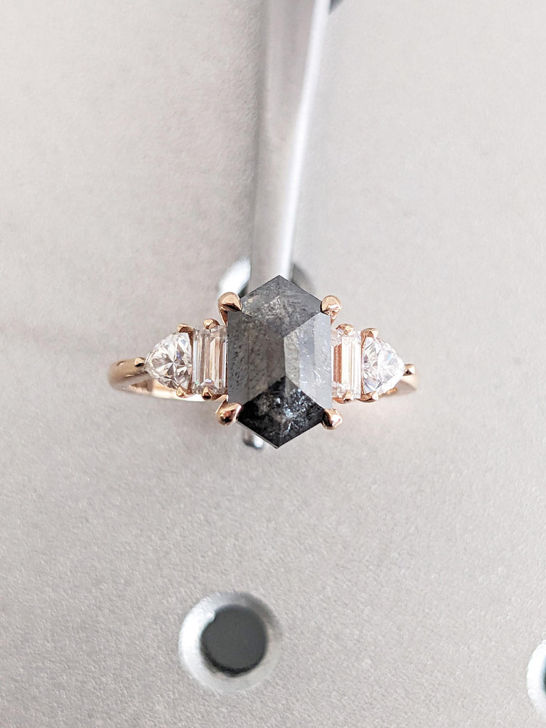 18k Rose Gold Salt and Pepper Diamond Ring, Art Deco Statement Ring, Vintage Diamond Wedding Rings for Women, Baguette, Trillion Cut Ring