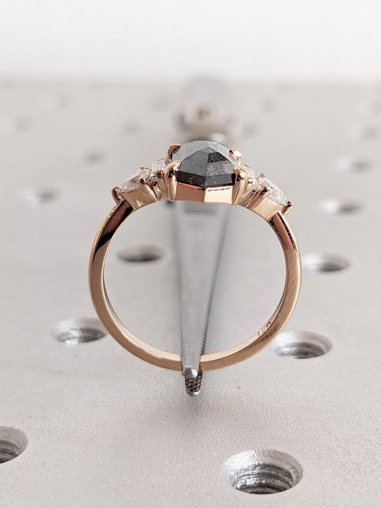 18k Rose Gold Salt and Pepper Diamond Ring, Art Deco Statement Ring, Vintage Diamond Wedding Rings for Women, Baguette, Trillion Cut Ring