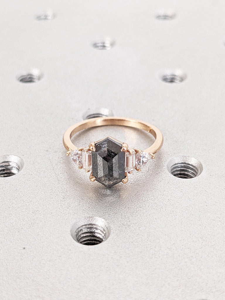 18k Rose Gold Salt and Pepper Diamond Ring, Art Deco Statement Ring, Vintage Diamond Wedding Rings for Women, Baguette, Trillion Cut Ring