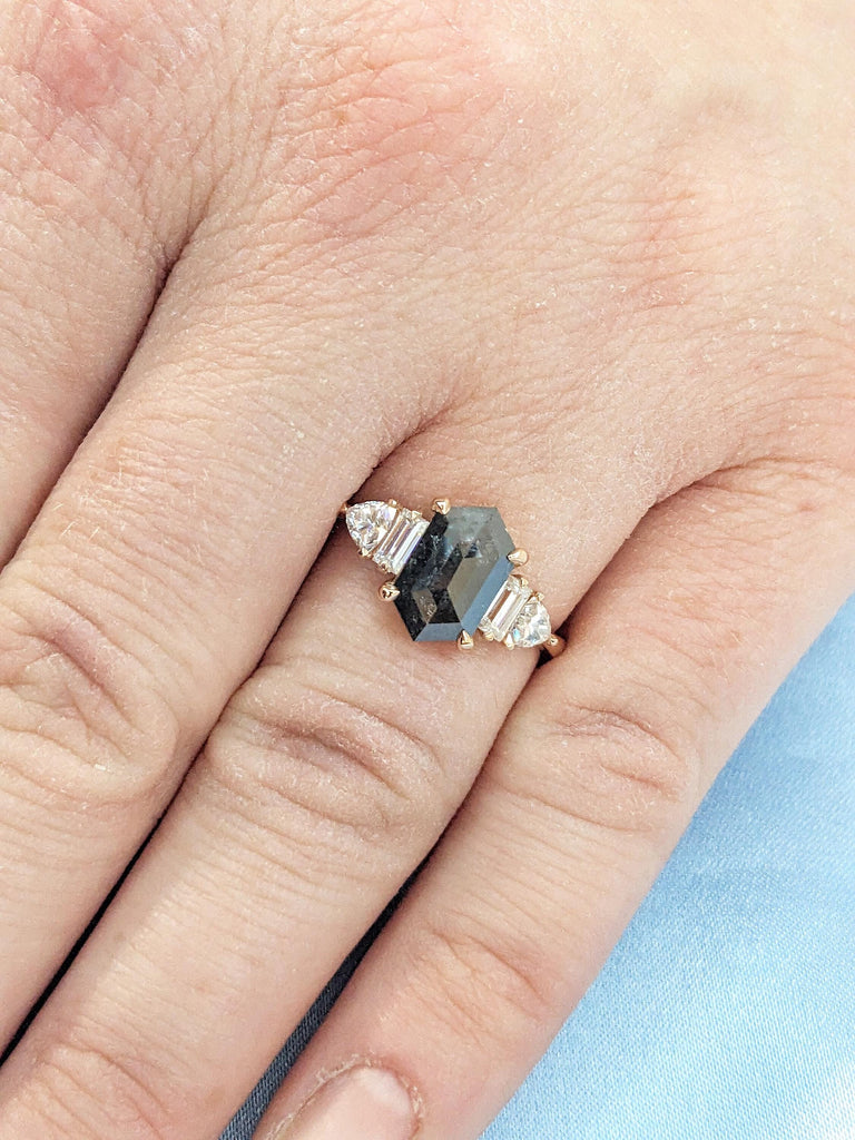 18k Rose Gold Salt and Pepper Diamond Ring, Art Deco Statement Ring, Vintage Diamond Wedding Rings for Women, Baguette, Trillion Cut Ring