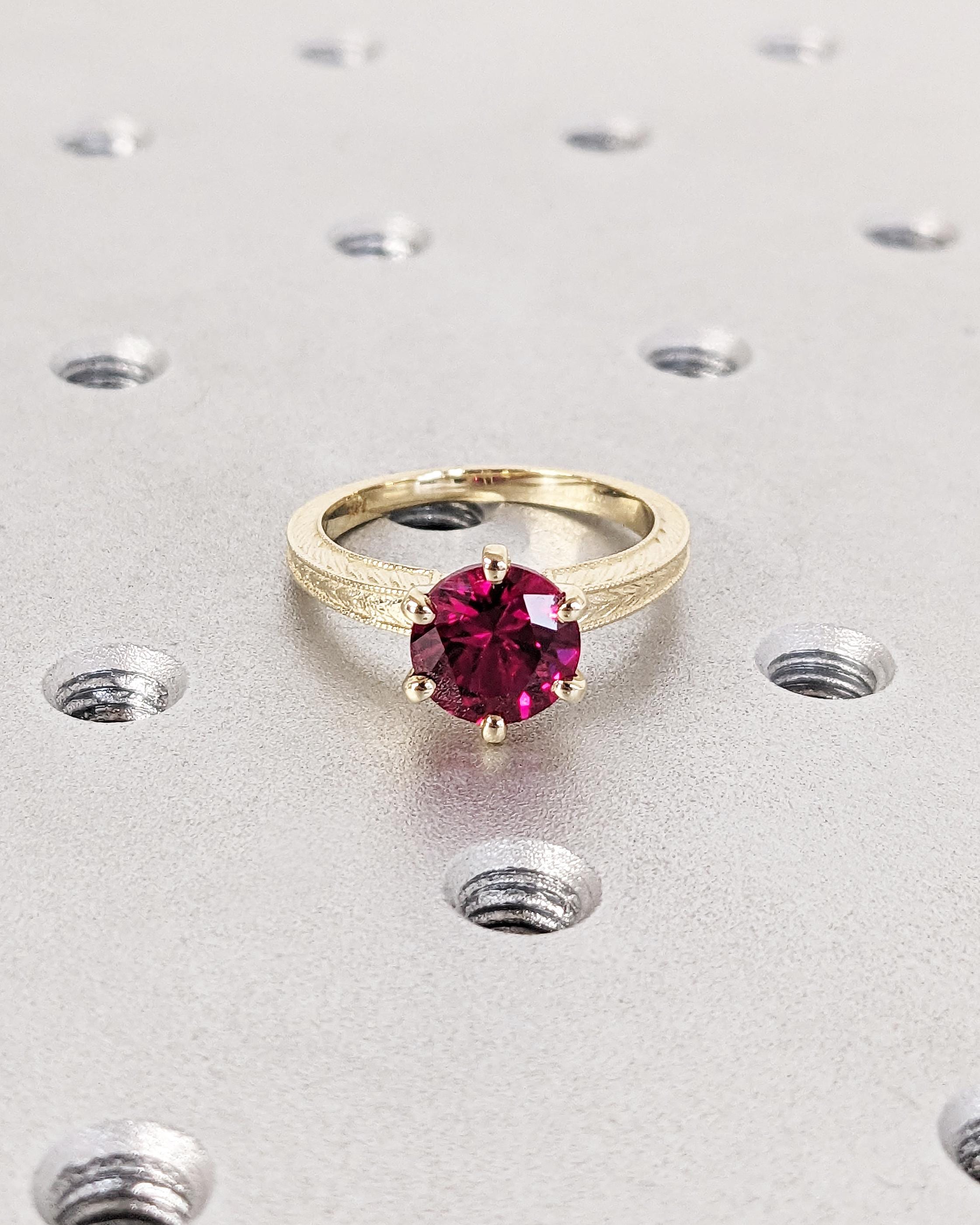 14K Solid Yellow Gold Vintage Solitaire Ruby Ring, Round Lab Red Ruby ...