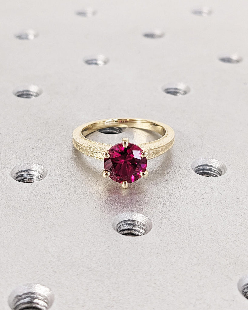 14K Solid Yellow Gold Vintage Solitaire Ruby Ring, Round Lab Red Ruby Engagement Ring, Art Deco Milgrain Ring, 6 Prong Ring, July Birthstone