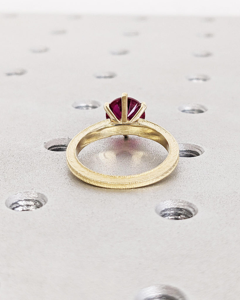 14K Solid Yellow Gold Vintage Solitaire Ruby Ring, Round Lab Red Ruby Engagement Ring, Art Deco Milgrain Ring, 6 Prong Ring, July Birthstone