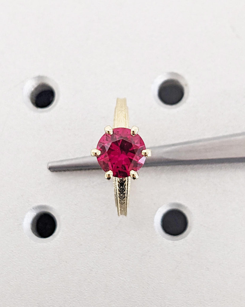 14K Solid Yellow Gold Vintage Solitaire Ruby Ring, Round Lab Red Ruby Engagement Ring, Art Deco Milgrain Ring, 6 Prong Ring, July Birthstone