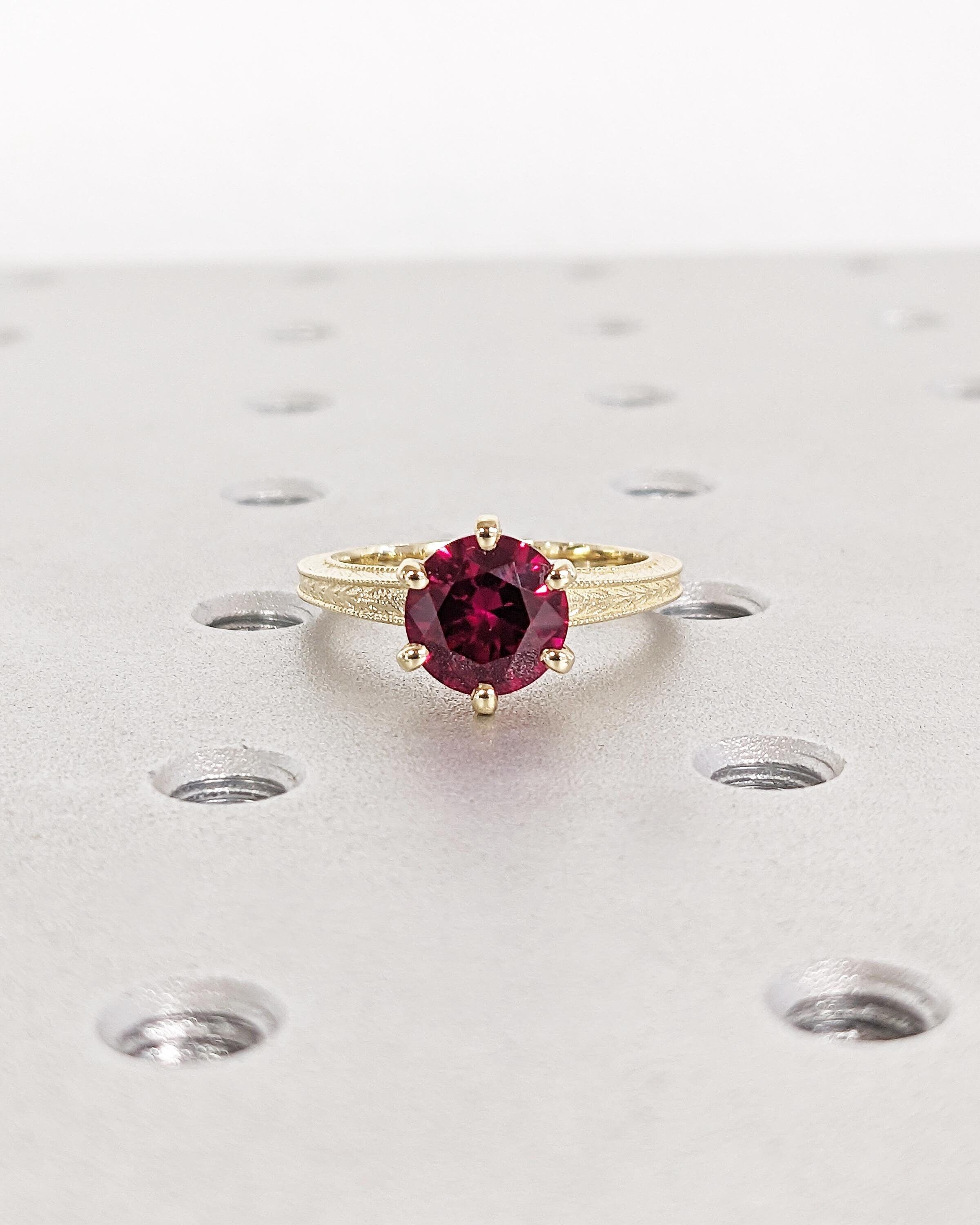 14K Solid Yellow Gold Vintage Solitaire Ruby Ring, Round Lab Red Ruby ...