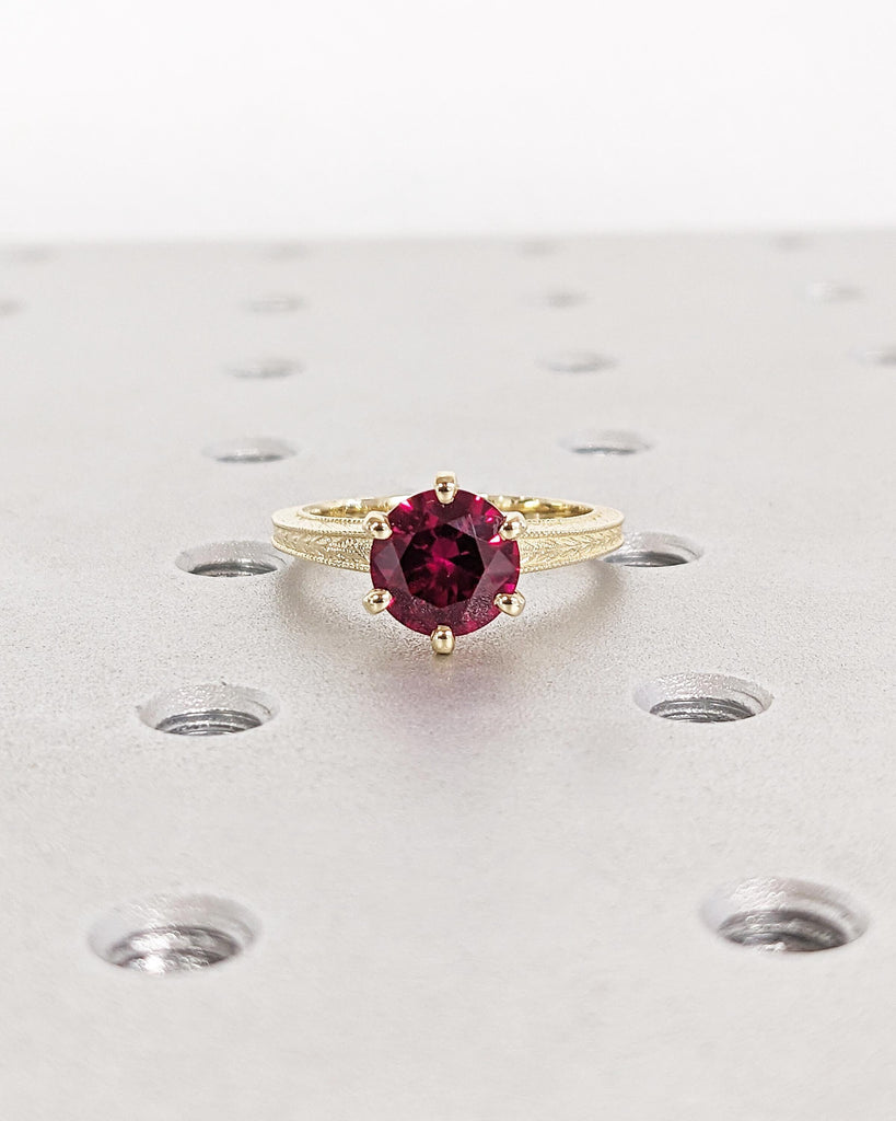 14K Solid Yellow Gold Vintage Solitaire Ruby Ring, Round Lab Red Ruby Engagement Ring, Art Deco Milgrain Ring, 6 Prong Ring, July Birthstone