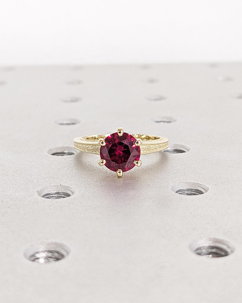 Vintage Solitaire Ruby Engagement Ring, 14K Yellow Gold Art Deco Milgrain Ring, Round Cut Lab Ruby Hand Engraved Wheat Ring, Valentine's Day