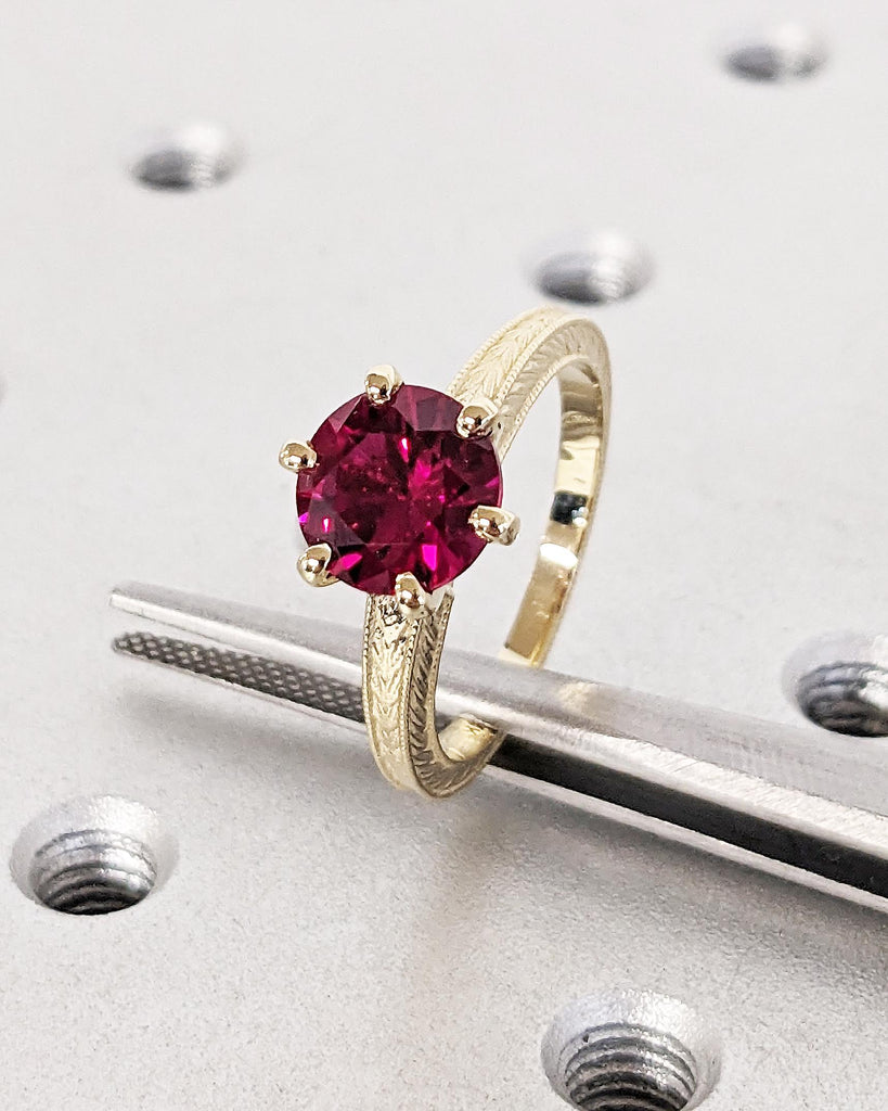14K Solid Yellow Gold Vintage Solitaire Ruby Ring, Round Lab Red Ruby Engagement Ring, Art Deco Milgrain Ring, 6 Prong Ring, July Birthstone