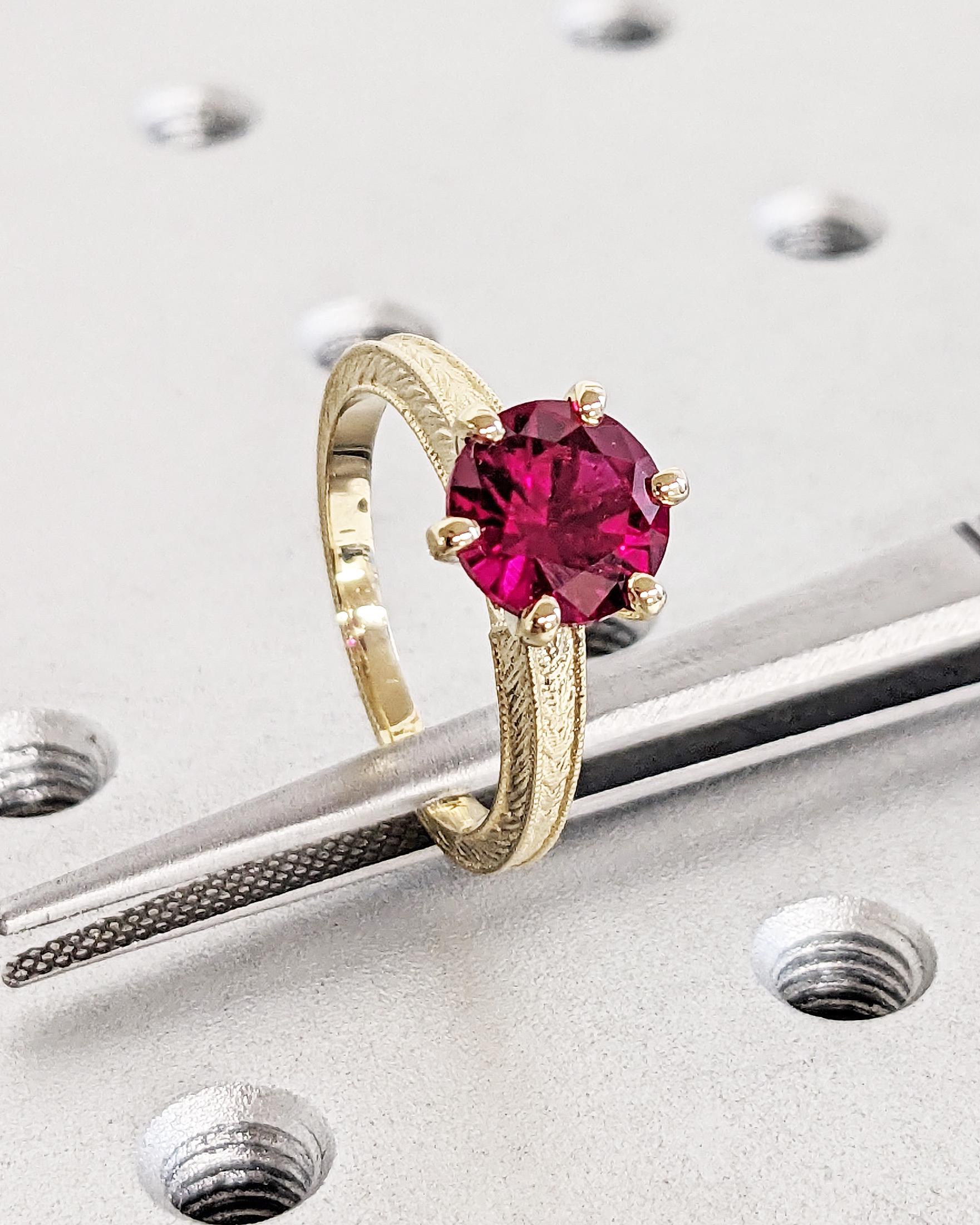 14K Solid Yellow Gold Vintage Solitaire Ruby Ring, Round Lab Red Ruby ...