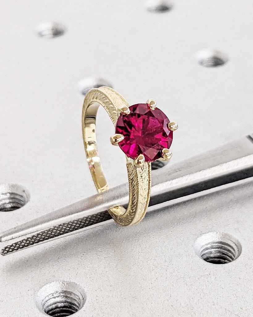 Vintage Solitaire Ruby Engagement Ring, 14K Yellow Gold Art Deco Milgrain Ring, Round Cut Lab Ruby Hand Engraved Wheat Ring, Valentine's Day