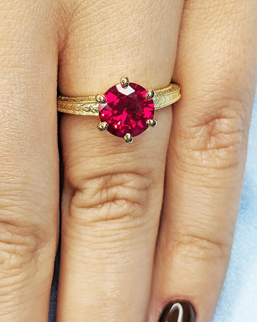14K Solid Yellow Gold Vintage Solitaire Ruby Ring, Round Lab Red Ruby Engagement Ring, Art Deco Milgrain Ring, 6 Prong Ring, July Birthstone