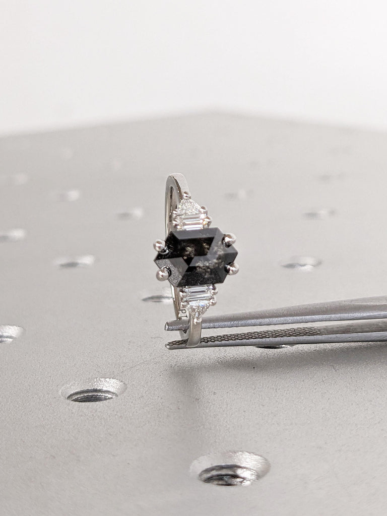 Unique Platinum Promise Ring for Her | Vintage Salt and Pepper Diamond Ring | Hexagon Baguette Trillion Cut Ring | Art Deco Anniversary Ring