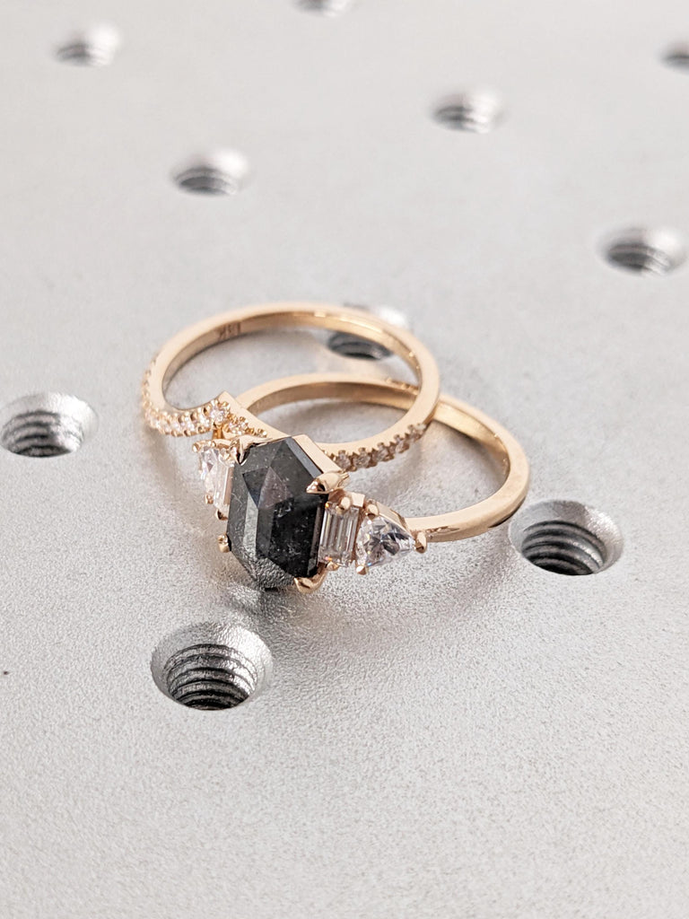 Salt and Pepper Diamond Engagement Ring, Art Deco 18k Rose Gold Promise Ring Set, Unique Diamond Statement Ring, Anniversary Gift for Wife