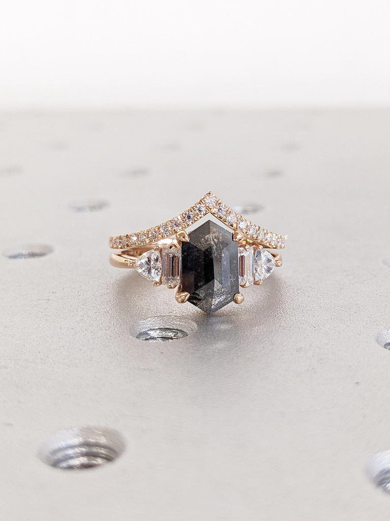 Salt and Pepper Diamond Engagement Ring, Art Deco 18k Rose Gold Promise Ring Set, Unique Diamond Statement Ring, Anniversary Gift for Wife