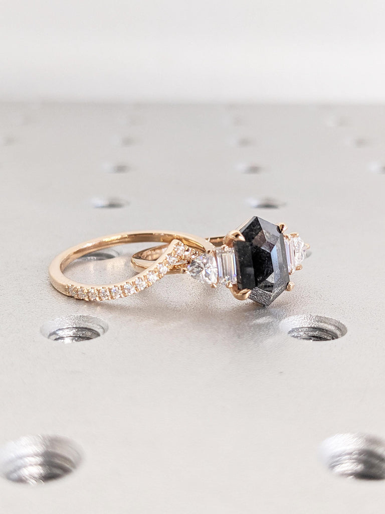 Unique 18k Rose Gold Engagement Ring Set, Vintage Salt and Pepper Diamond Ring, Dainty Moissanite Chevron Wedding Ring, Bridal Gift for Her
