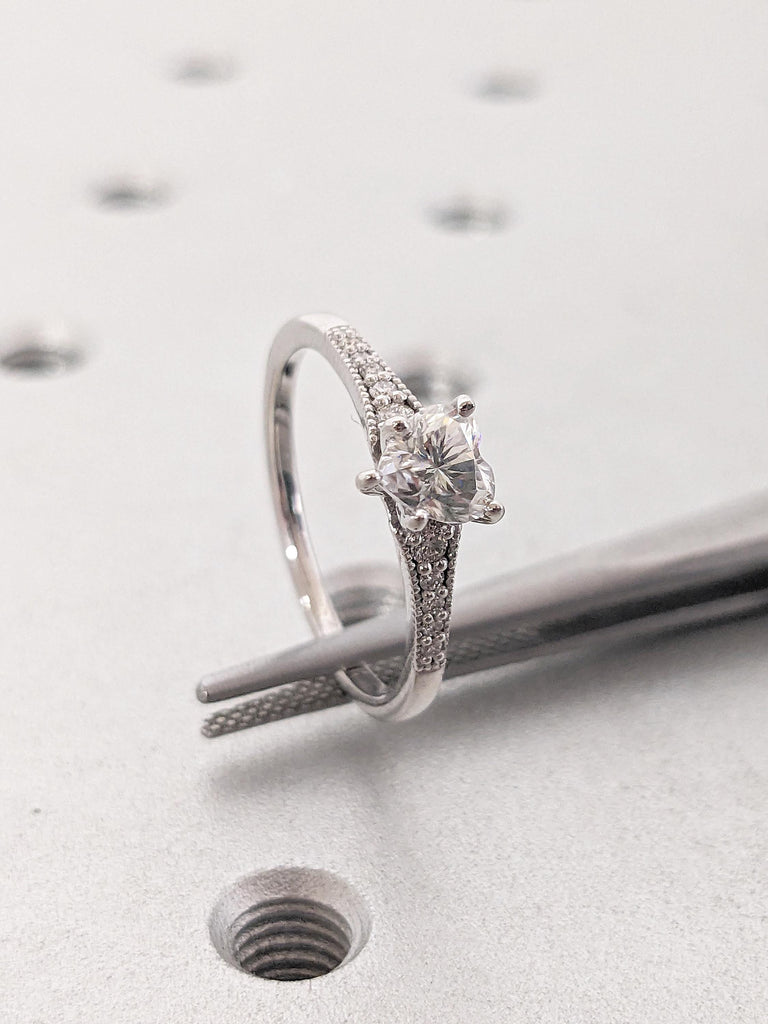 14K White Gold Diamond Wedding Ring, Heart Lab Grown Diamond Ring, Milgrain Engagement Heart Ring, Bridal Gift for Her, Promise Ring for Her