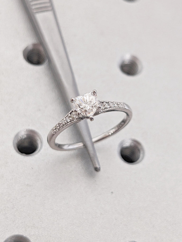 Heart Lab Grown Diamond Engagement Rings for Women, 14K White Gold Milgrain Diamond Wedding Band, Heart Ring, Birthday Gift for Girlfriend