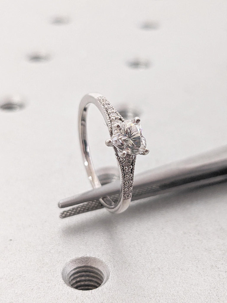 Heart Moissanite Engagement Ring, Dainty 14K White Gold Wedding Rings for Women, Milgrain Promise Ring, Moissanite Heart Ring, Gift for Wife