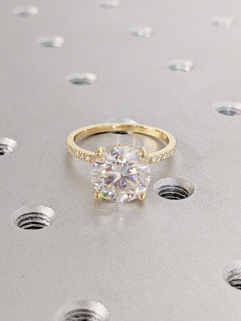 18k Solid Gold Engagement Ring for Her | Round VVS Moissanite Ring | Hidden Halo Diamond Ring | Diamond Eternity Band | Simple Promise Ring