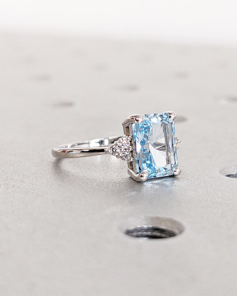 Vintage Blue Lab Aquamarine Engagement Ring Radiant Cut | Antique Rose Gold Diamond Cluster Wedding Ring | March Birthstone Anniversary Ring