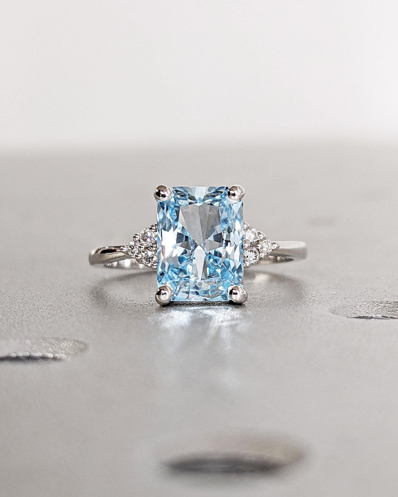 Vintage Blue Lab Aquamarine Engagement Ring Radiant Cut | Antique Rose Gold Diamond Cluster Wedding Ring | March Birthstone Anniversary Ring