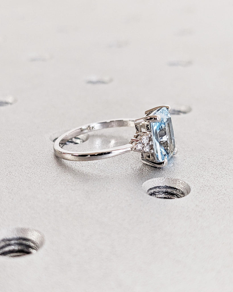 Vintage Blue Lab Aquamarine Engagement Ring Radiant Cut | Antique Rose Gold Diamond Cluster Wedding Ring | March Birthstone Anniversary Ring