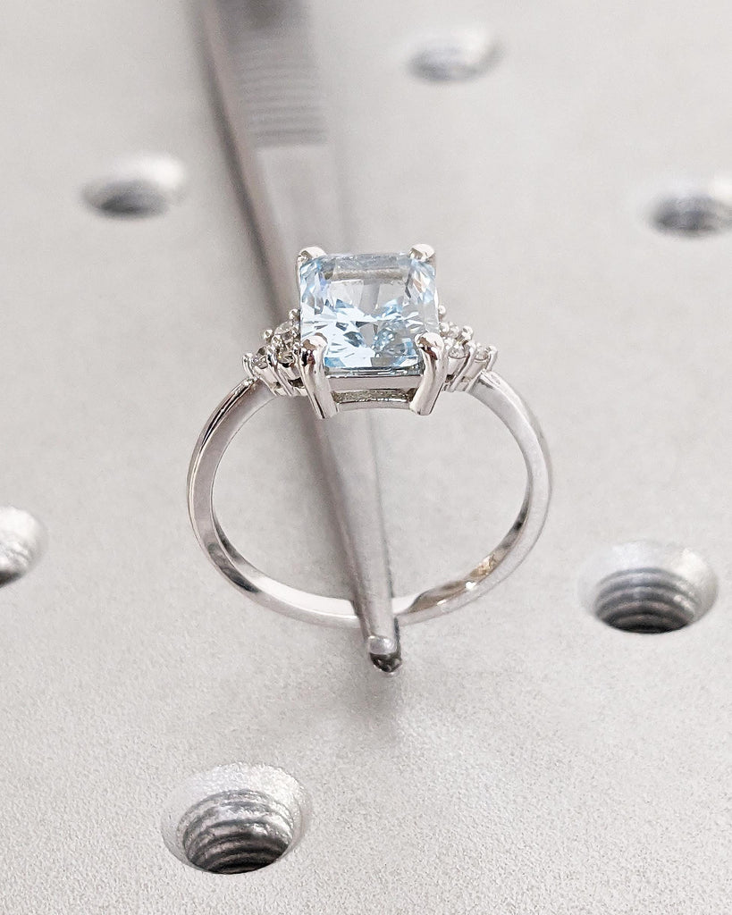Vintage Blue Lab Aquamarine Engagement Ring Radiant Cut | Antique Rose Gold Diamond Cluster Wedding Ring | March Birthstone Anniversary Ring