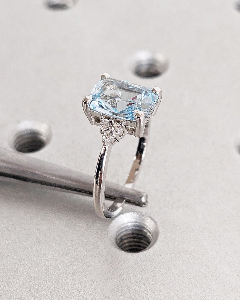 Vintage Blue Lab Aquamarine Engagement Ring Radiant Cut | Antique Rose Gold Diamond Cluster Wedding Ring | March Birthstone Anniversary Ring